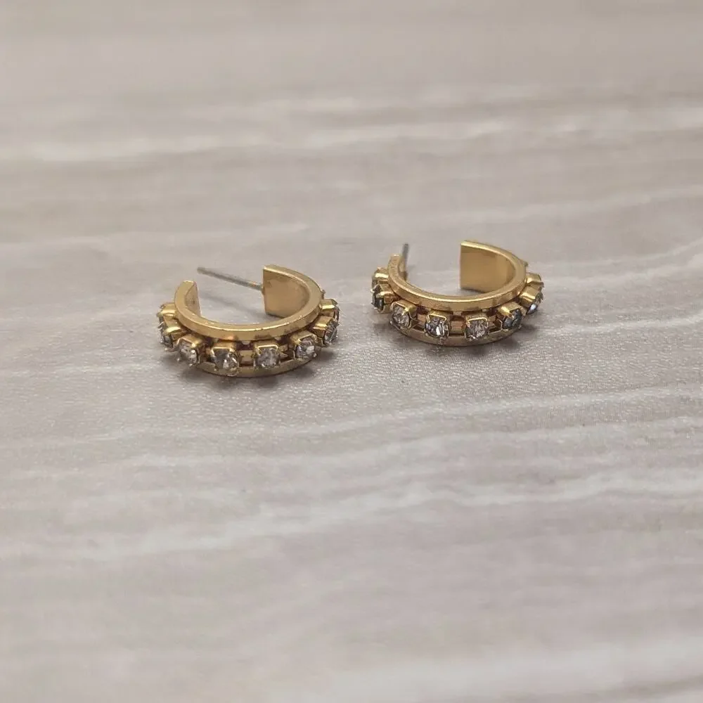 Vintage Stud Earrings Gold Tone Hoops with Clear Gems